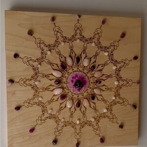 Mandala Art on Wood with Amethyst and RoseQuartz Gemstones